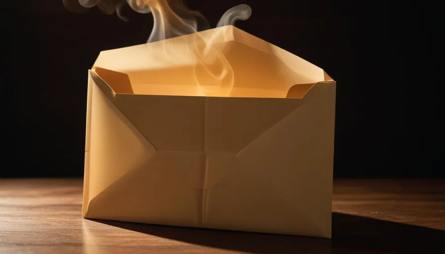 Sealed manila envelope tipped open on a dark wooden desk with amber smoke curling out of the flap into deep shadow — weaponised document as access metaphor.