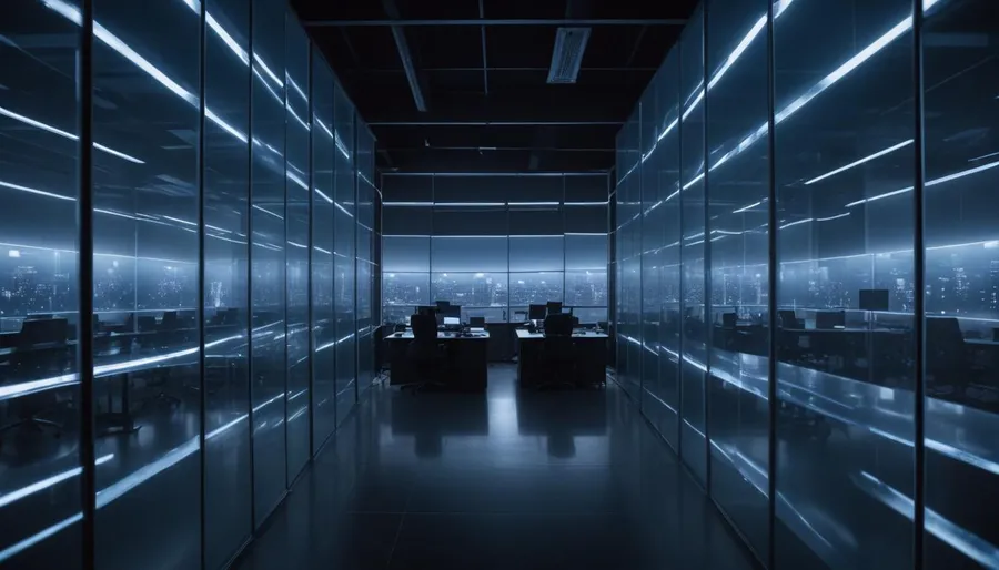 Quiet modern office corridor lined with glass partitions, evoking a controlled AI research preview