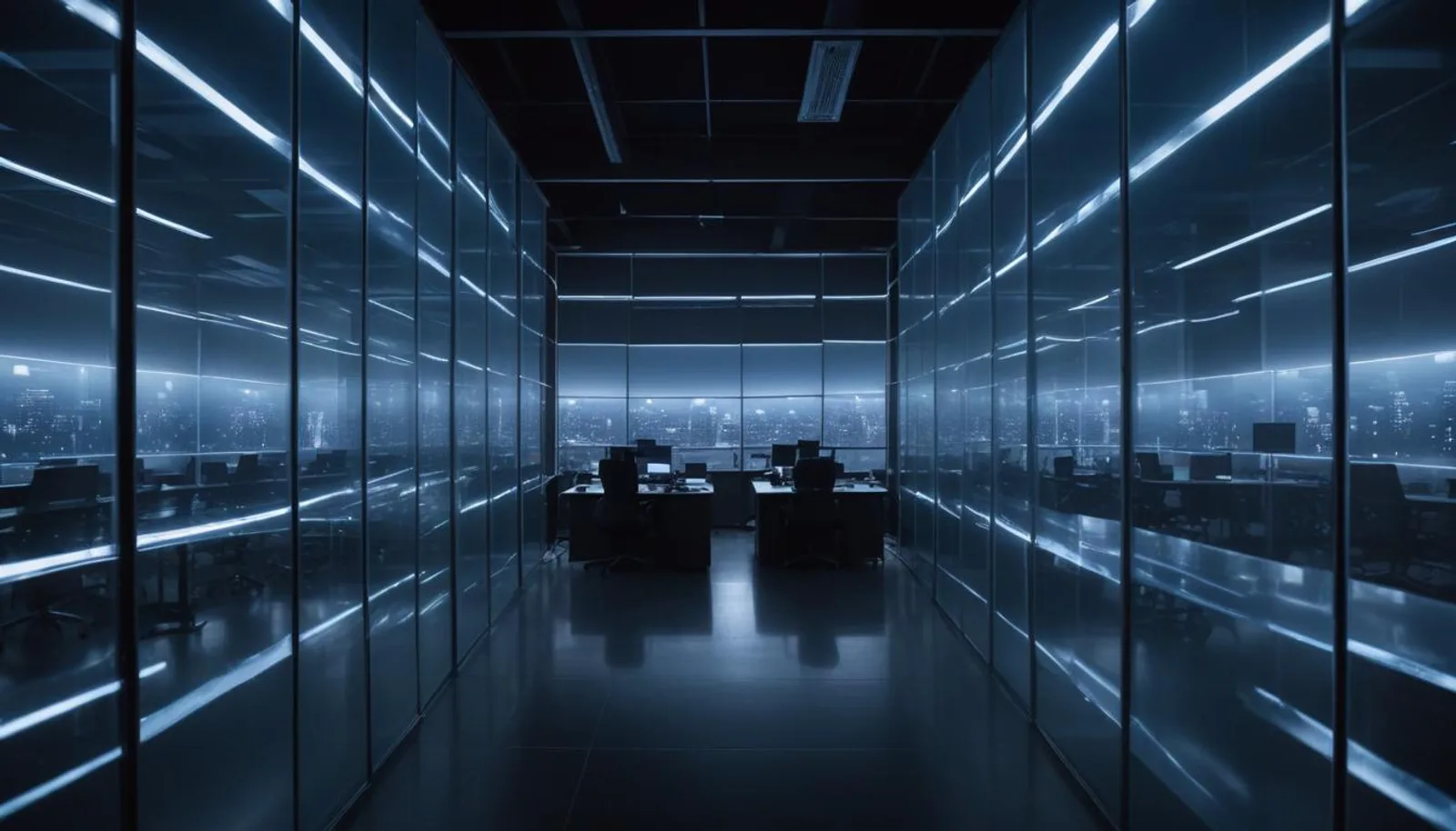 Quiet modern office corridor lined with glass partitions, evoking a controlled AI research preview