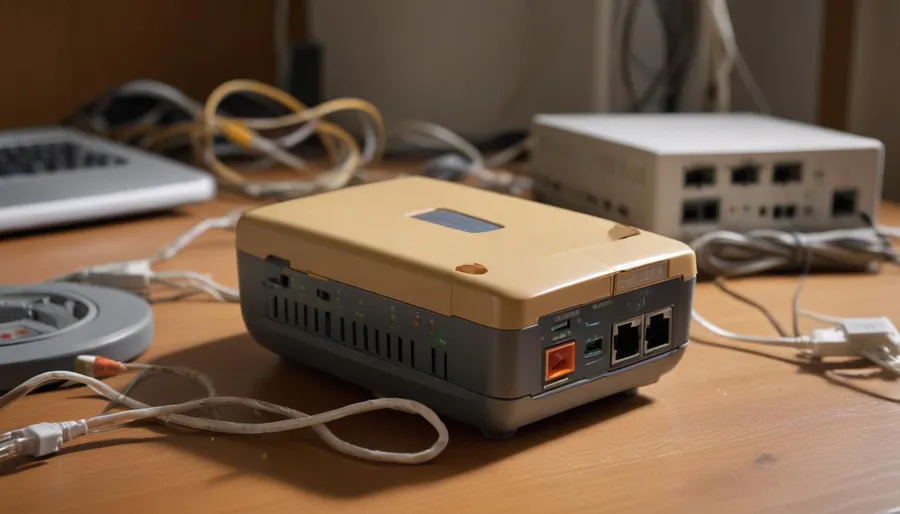 Old dusty consumer internet router sitting on a cluttered home office desk, tangle of worn cables trailing behind
