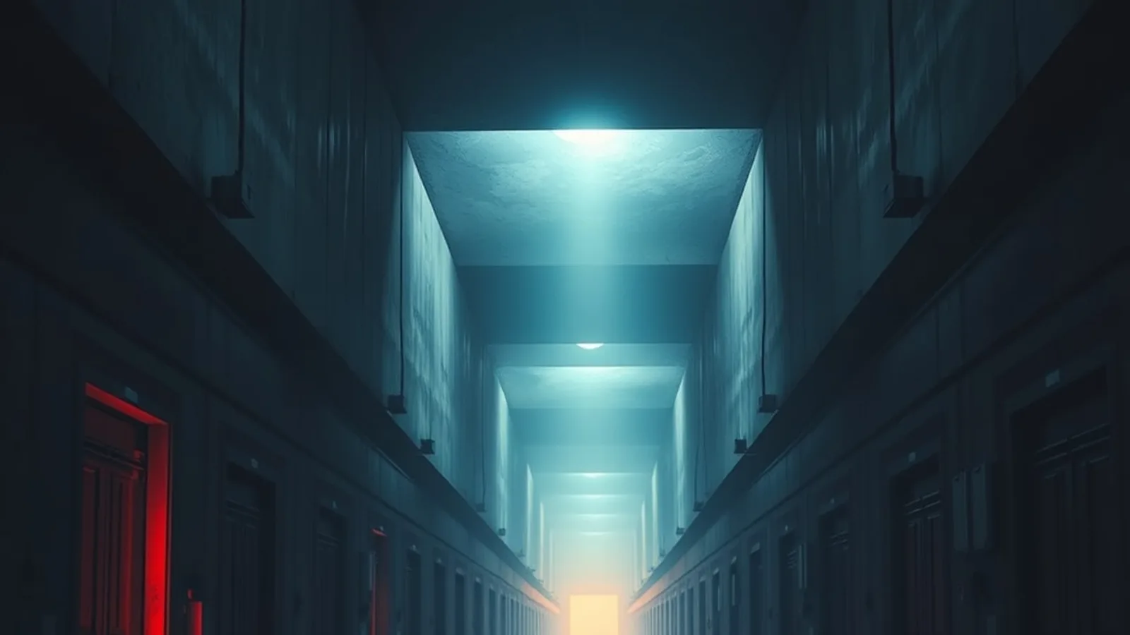 A dark corridor lined with identical steel doors, a few glowing orange as a scanning beam sweeps across them