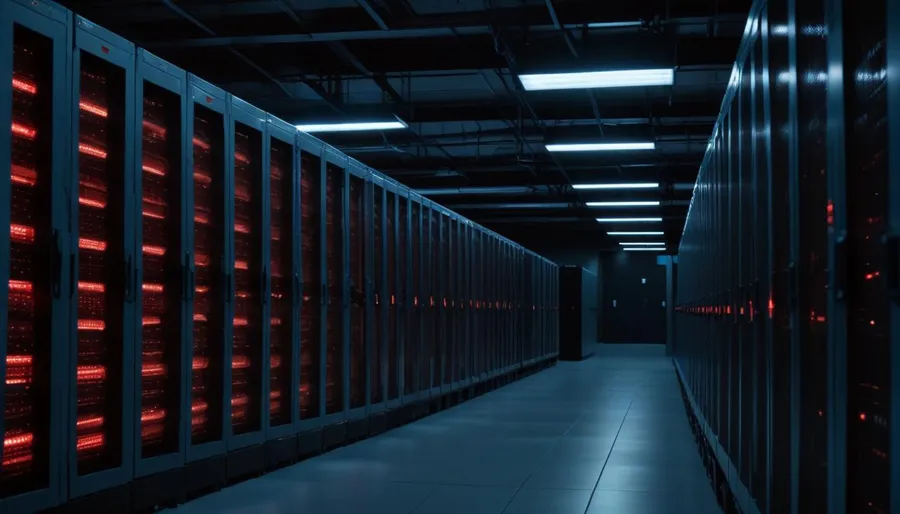A row of red rotating hazard beacons mounted on grey metal server cabinets in a dim federal data center aisle, beams of red light cutting across cool blue rack lighting
