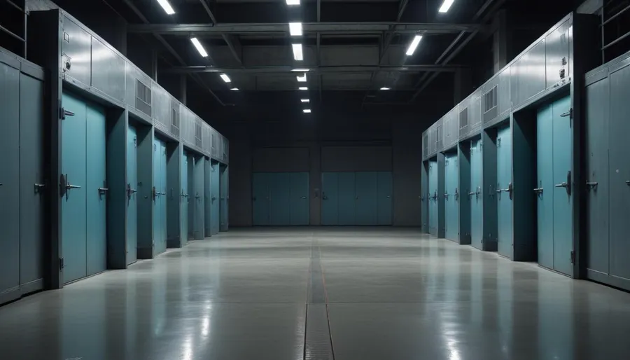 Wide industrial corridor of teal security doors converging to a vanishing point under harsh fluorescent lighting