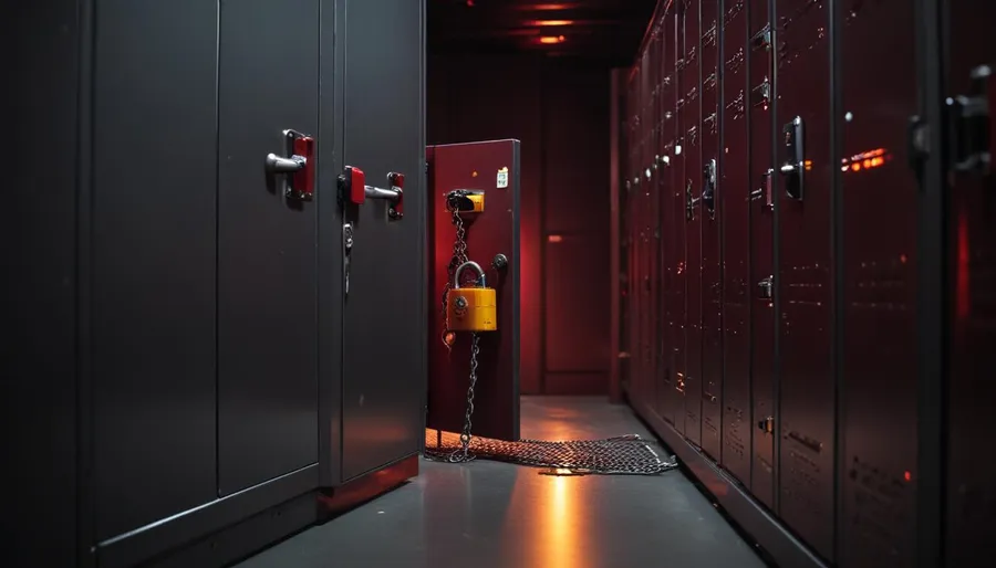 A heavy yellow padlock dangling from a broken chain on the open door of a server cabinet, deep red emergency lighting spilling out from the rack interior, dark data center aisle