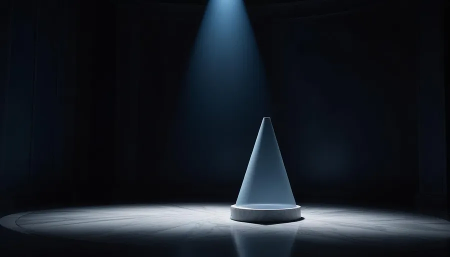 A single cone of cool blue volumetric light from above illuminating an empty minimalist pedestal on a dark theater stage
