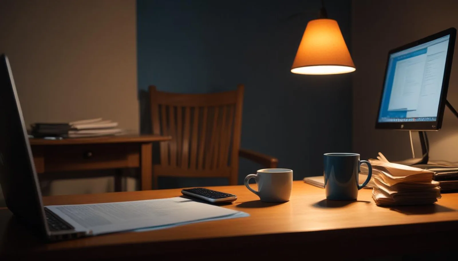 A single worn laptop glowing on a dim apartment desk at night, condensation on a cold coffee mug, soft light from one lamp, no visible screen content