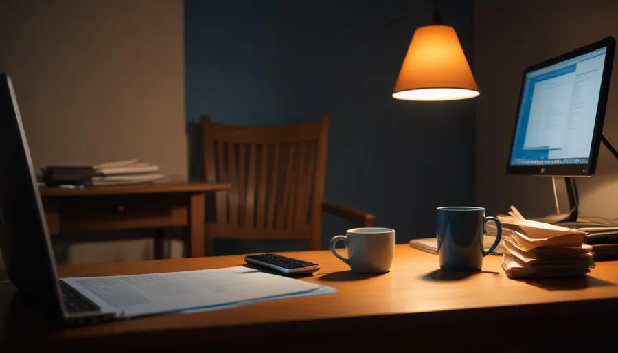 A single worn laptop glowing on a dim apartment desk at night, condensation on a cold coffee mug, soft light from one lamp, no visible screen content