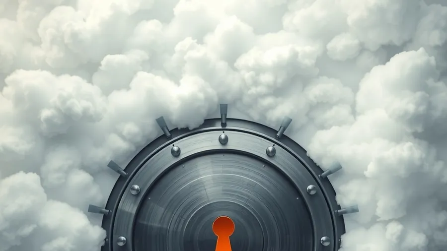 A steel vault door embedded in a wall of clouds with a glowing orange keyhole