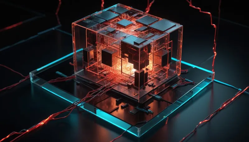 An isometric assembly of glowing translucent geometric blocks connected by thin amber wires, with a single shattered red cube at the center bleeding fragments of light outward