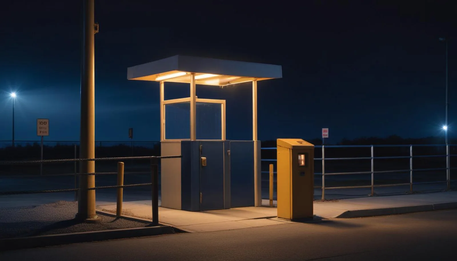 Empty unmanned security guard booth at night with the booth window open and warm desk lamp glowing inside, unguarded entry kiosk to the right