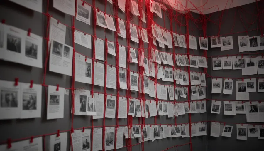 An investigation board with red string and pinned index cards under a single overhead lamp — pattern-of-life threat intel metaphor.