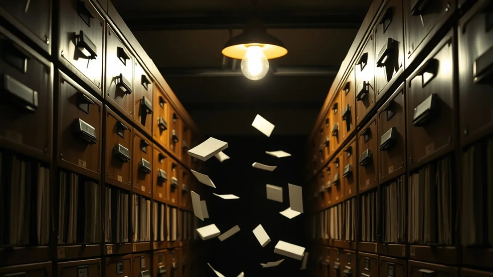 Library card-catalog drawers pulled open with index cards scattering through a dark archive