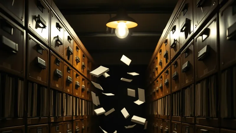Library card-catalog drawers pulled open with index cards scattering through a dark archive