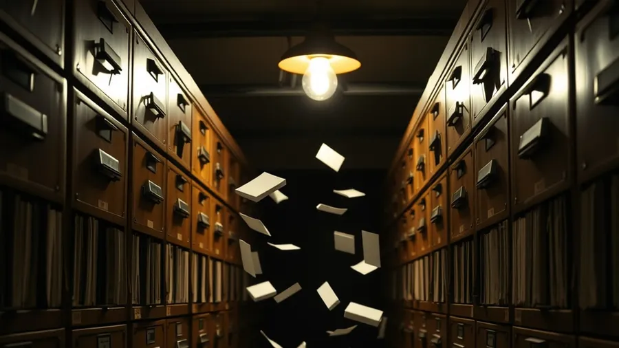 Library card-catalog drawers pulled open with index cards scattering through a dark archive