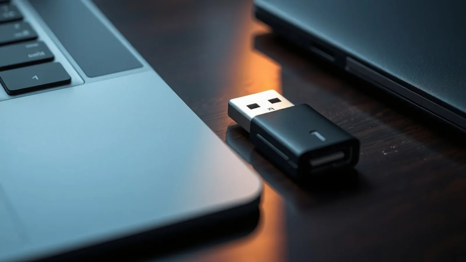 A single black USB flash drive lying on a dark desk beside a closed laptop, lit by a thin beam of amber light