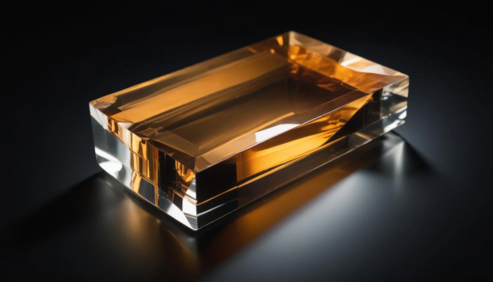 A glowing translucent magnetic keycard floating mid-air above an empty marble reception desk inside a dark unlit corporate lobby