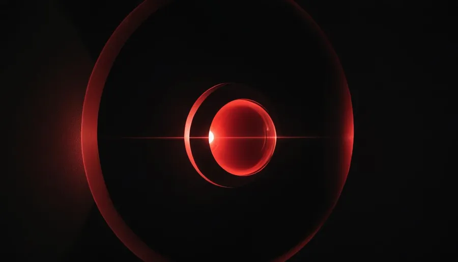A single beam of red volumetric light piercing through a small circular opening in a thick black security wall, illuminating a glowing data sphere in a darkened chamber on the other side