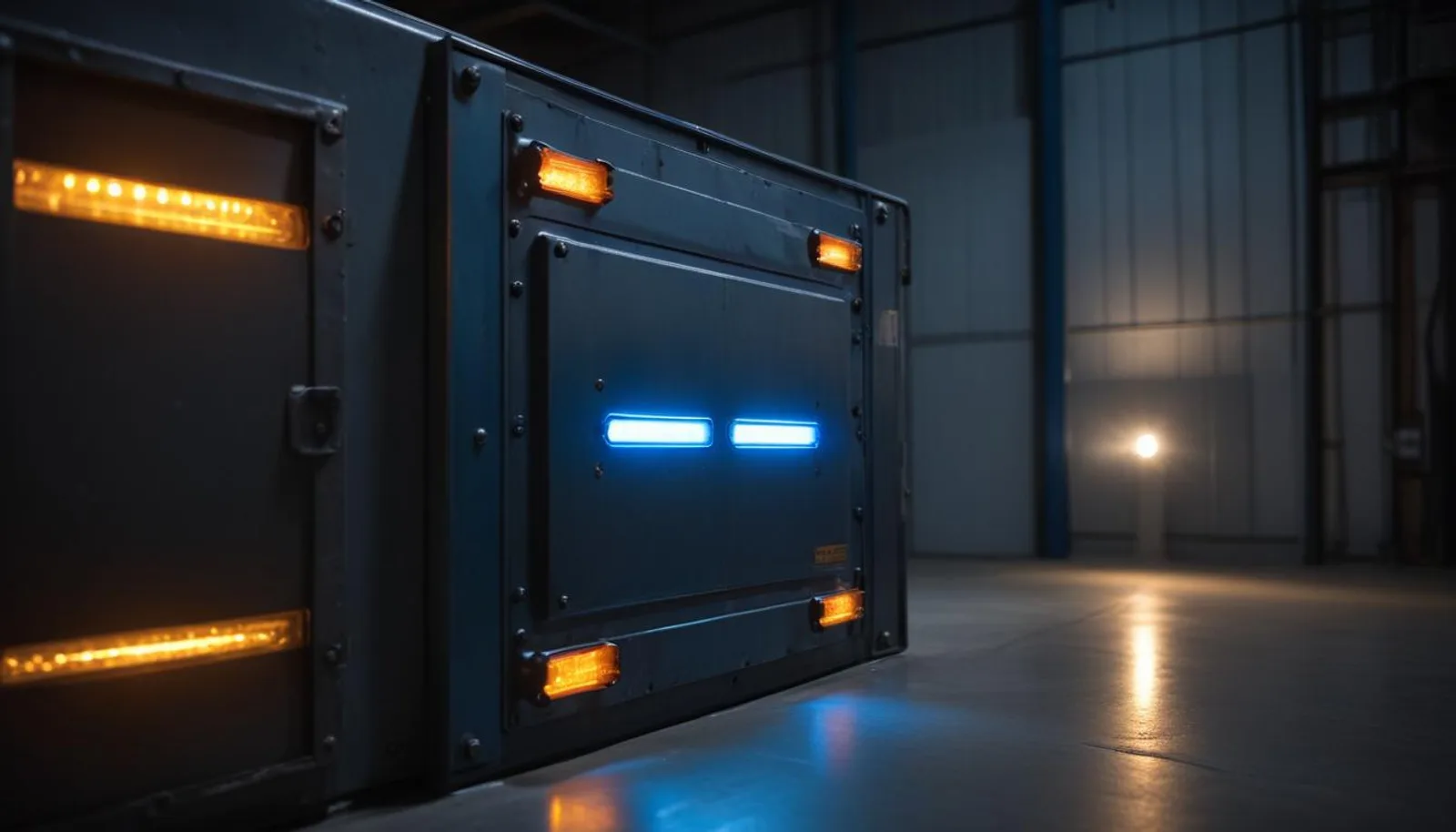 A lone red warning LED glowing on a dark server rack mounted KVM terminal, deep shadowed data center aisle behind