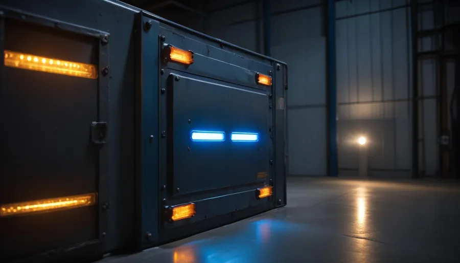 A lone red warning LED glowing on a dark server rack mounted KVM terminal, deep shadowed data center aisle behind