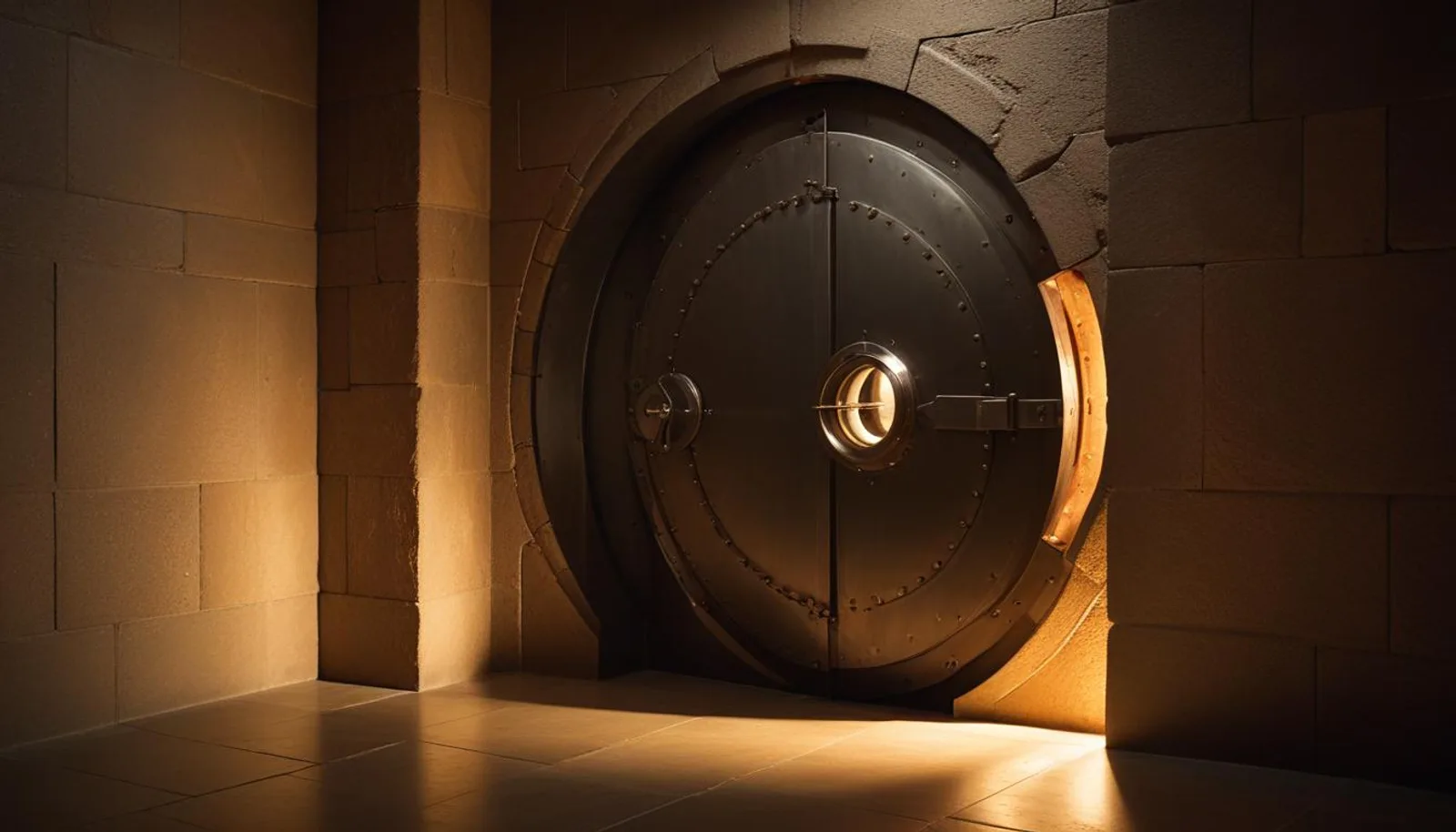 Heavy circular steel bank vault door slightly ajar in a dark stone corridor, warm amber light pouring out through the gap — secure-looking trust boundary left open by default.