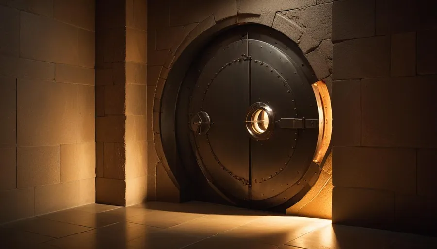 Heavy circular steel bank vault door slightly ajar in a dark stone corridor, warm amber light pouring out through the gap — secure-looking trust boundary left open by default.