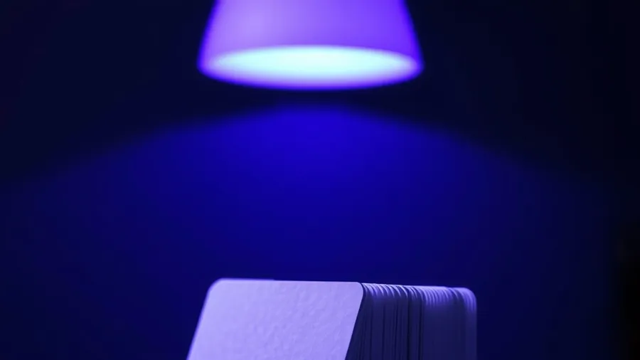 A tall stack of blank plastic cards on a dark counter under the violet glow of an ultraviolet lamp