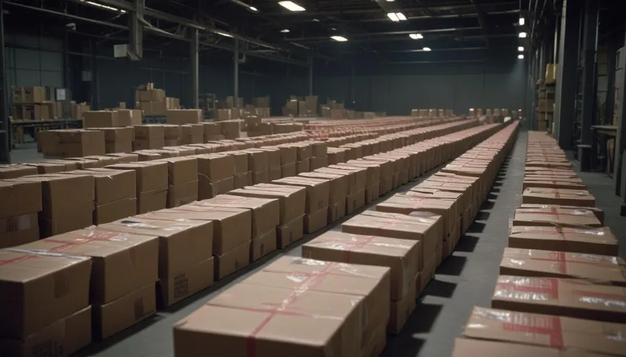 Rows of identical sealed cardboard packages lining a dim warehouse at night, one highlighted by a red accent, evoking hidden malicious code in a trusted supply chain