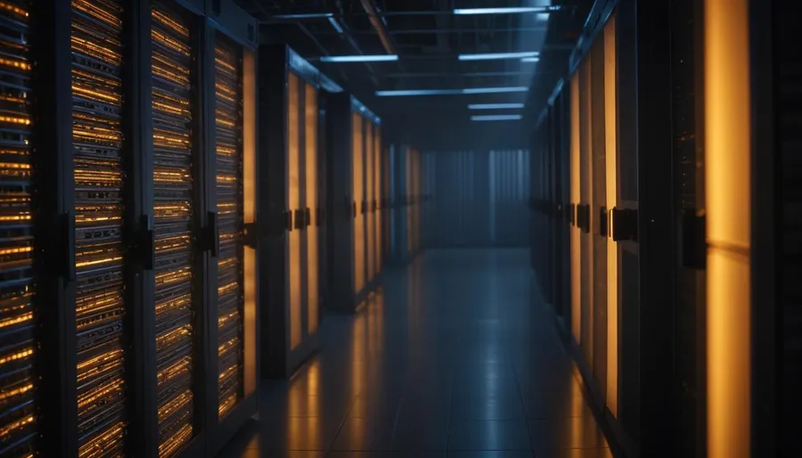 First light of dawn breaking through slatted blinds of an enterprise data center aisle, warm amber sun cutting across server racks