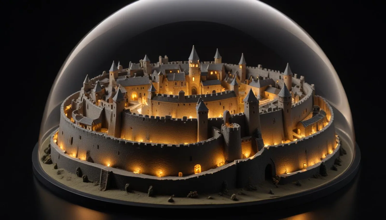 Miniature scale model of a circular fortified citadel under a translucent glowing protective dome on a dark display surface
