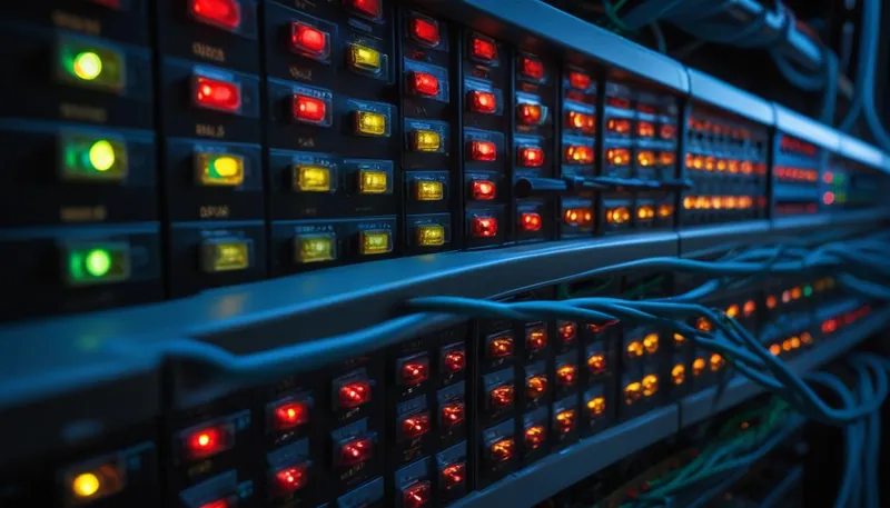Close-up of a network patch panel with numbered ports and blue patch cables, evoking the monthly patch cycle