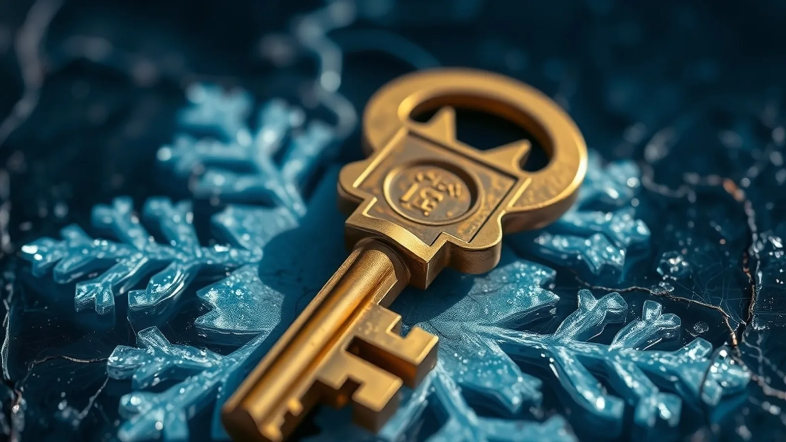 A worn brass key resting on cracked dark ice etched with frost snowflake patterns