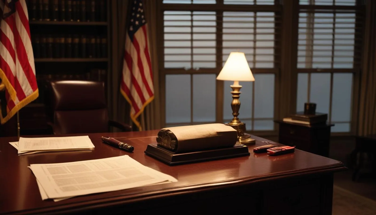A dim government office at dusk, desk lamp illuminating papers and a red pen beside an American flag, evoking the drafting of a cyber policy