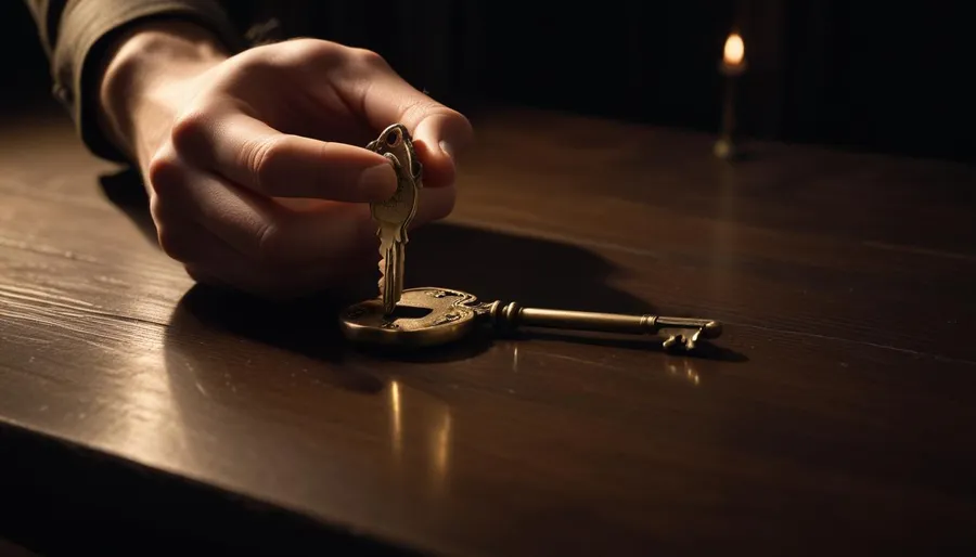 A hand inserting a small modern key into an ornate brass keyhole on a dark wooden table, lit by a single candle — OAuth grant as access metaphor.